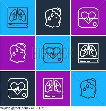 Set Line Lungs X-ray, Heart Rate And High Human Body Temperature Icon. Vector