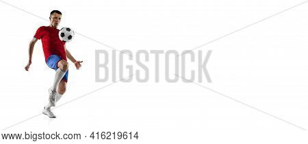 Porttrait Of Young Soccer Football Player Training Isolated On White Background.