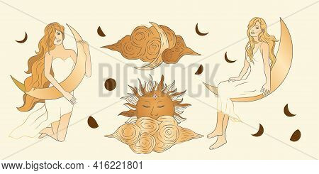 Celestial Feminine Blonde Girl Lady Sacred Woman Astrology Boho Esoteric Golden Art. Woman With Moon