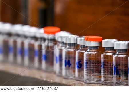 Thailand - April 9 , 2021 Close Up Of Sinovac Vaccine Vials Bottles For Can Help Stop Pandemic , Cov