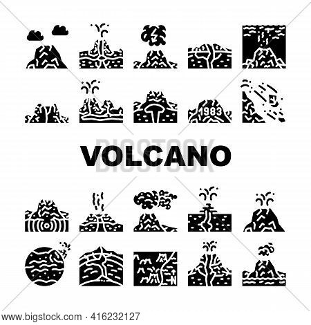 Volcano Lava Eruption Collection Icons Set Vector. Volcano Under Water And Stratovolcano Mountain, V
