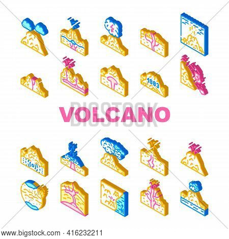 Volcano Lava Eruption Collection Icons Set Vector. Volcano Under Water And Stratovolcano Mountain, V