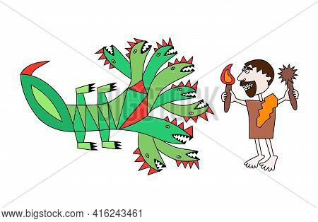 Second Labour Of Hercules Vector Illustration, Battle With Lernean Hydra Hand Drawn Style Male Again