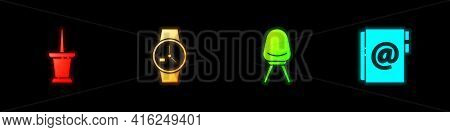 Set Push Pin, Wrist Watch, Office Chair And Address Book Icon. Vector