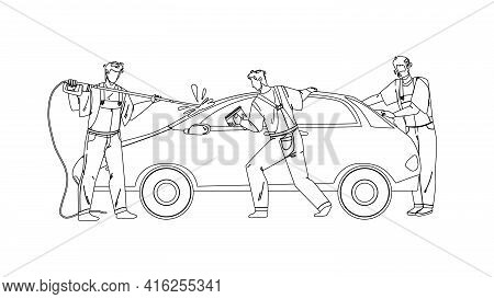 Car Wash Service Workers Washing Automobile Black Line Pencil Drawing Vector. Car Wash Station Man W