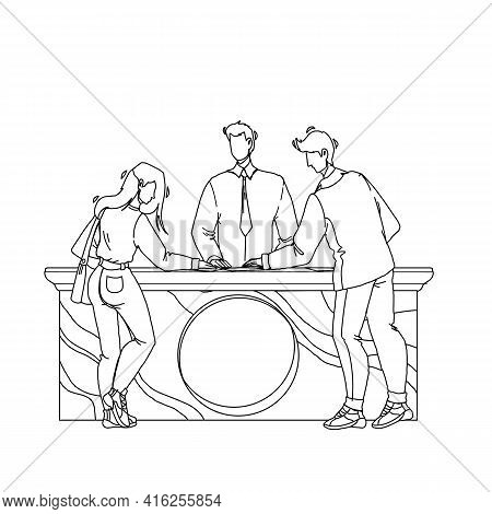 Expo Center Visitors Communicate With Staff Black Line Pencil Drawing Vector. Expo Center Customers 