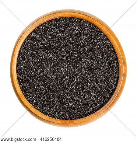 Black Amaranth Grain In A Wooden Bowl. Seeds Of Amaranthus, A Pseudocereal, Staple Food And Source O