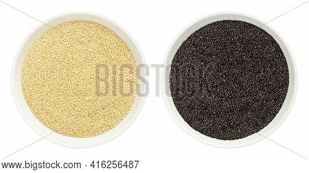 Amaranth Grain In White Bowls. Seeds Of Black And White Amaranthus, Gluten Free Pseudocereals, A Sta
