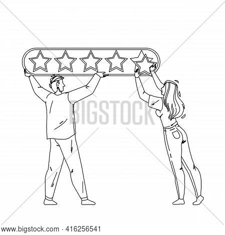 Online Survey Form Filling People Couple Black Line Pencil Drawing Vector. Young Man And Woman Onlin