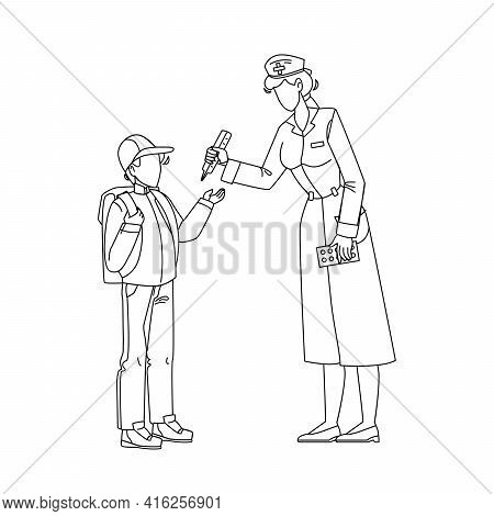 School Doctor Measuring Pupil Temperature Black Line Pencil Drawing Vector. School Doctor Holding Th