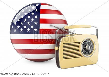 Radio Broadcasting In The Usa Concept. Radio Receiver With The United States Flag. 3d Rendering Isol