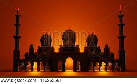 Ramadan Kareem Background, Mosque Building, 3d Rendering Illustration.