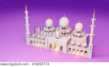 Ramadan Kareem Background, Mosque Building, 3d Rendering Illustration.