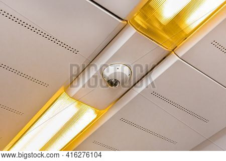 Surveillance Camera On The Ceiling Of A Modern Electric Train Stadler.