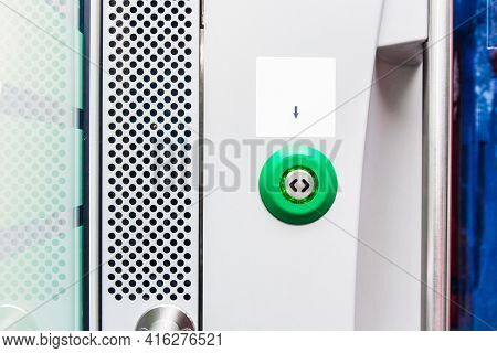 Button Opening The Door Of A Modern Electric Train Stadler, Close Up.