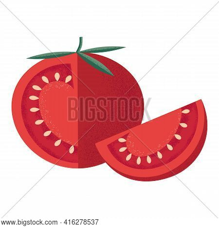 Red Tomato With Leaves And A Slice In The Style Of A Modern Flat With A Noisy Grunge Texture. Vegeta