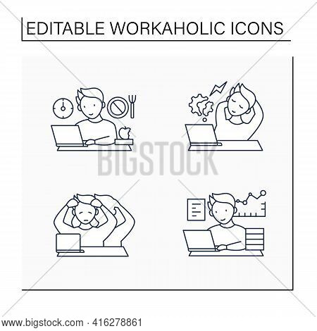 Workaholic Line Icons Set. Workaholism Prevention, Consequences. Depersonalization, Counterproductiv