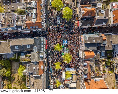 Aerial View Of Huge Crowd In Westerstraat On Koningsdag Kings Day Festivities In Amsterdam. Birthday