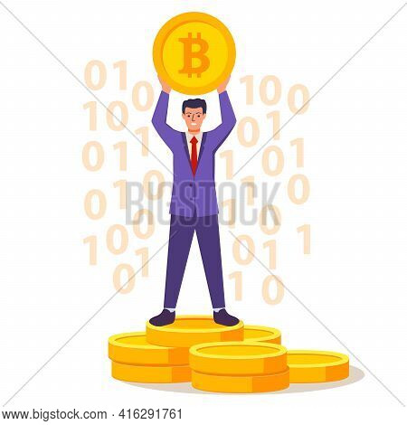 A Successful Rich Businessman Stands On A Stack Of Gold Coins.