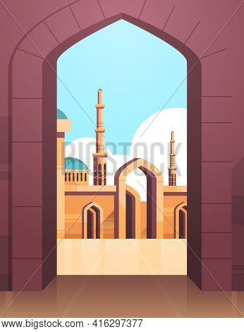 Nabawi Mosque Building Architecture Exterior View Through An Arch Religion Concept Muslim Cityscape 