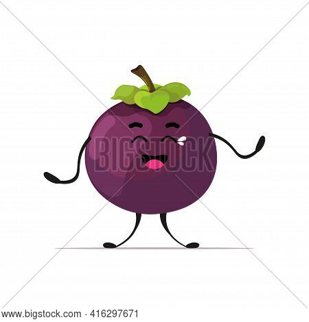 Crying Cute Fresh Mangosteen Personge Tasty Ripe Fruit Mascot Character Isolated On White Background