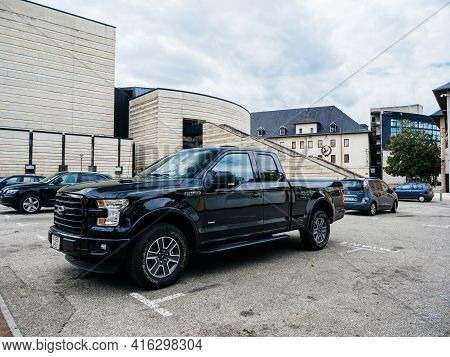Chambery, France - Aug 15, 2017: Front View Of New F-150 Ford A Light-duty Truck Marketed As Full-si