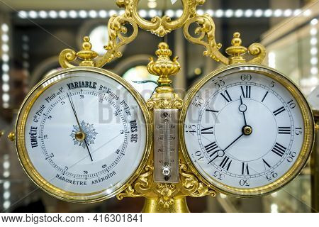 Sydney, Australia - Dec 16, 2018: Antique French Clock, Thermometer And Barometer Combination Device