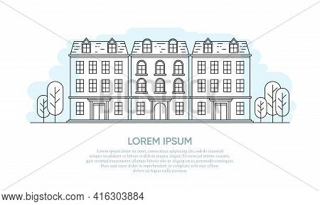 Outline Vector Illustration Of An Urban Apartment Complex In Victorian Design. Suitable For Design E