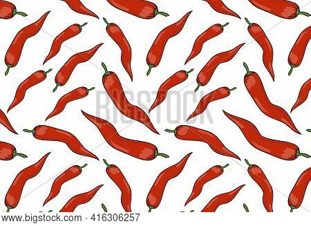 Seamless Vector Pattern With Red Peppers On White Background