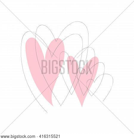 Pink Hearts With Random Chaotic Lines. Love Line Art, Hand Drawing, Doodle Style. Stock Vector Illus