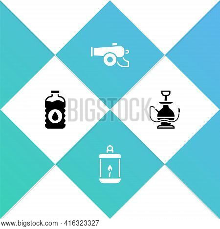 Set Bottle Of Water, Ramadan Kareem Lantern, Cannon And Hookah Icon. Vector