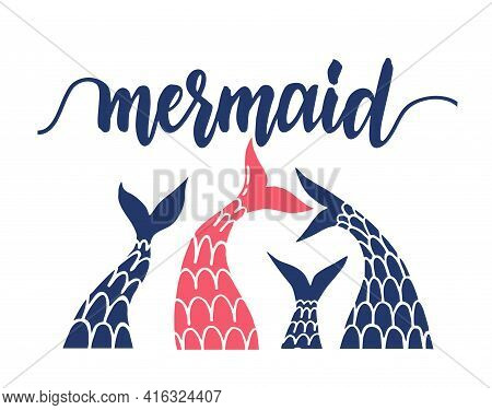 Mermaids Background With Mermaid And Fish Tails Vector. Illustration Of Sea Mermaid Tail, Marine Ban