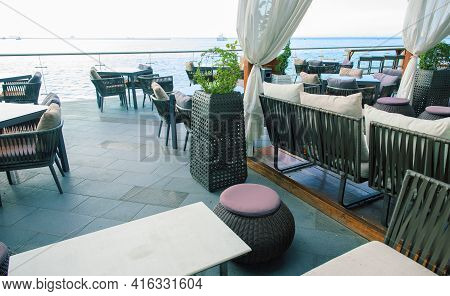 The Interior Of The Terrace Without People On The Background Of The Sea. Recreation Area Near Sea. S