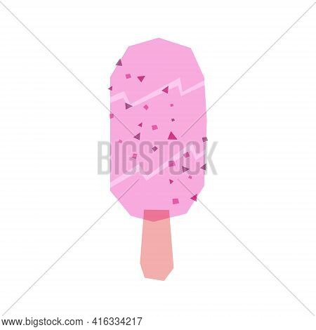 Low Poly Pink Popsicle On White Background With Overprint Blending. Bright Colorful Vector Ice Cream