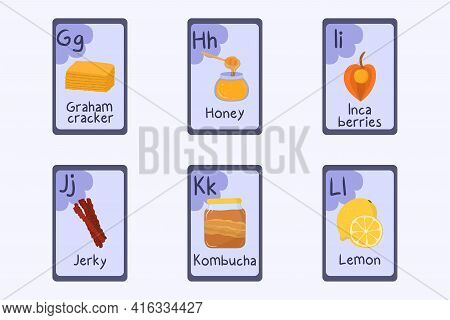 Colorful Alphabet Flashcard Letter G, H, I, J, K, L - Graham Cracker, Honey, Inca Berries, Jerky, Ko