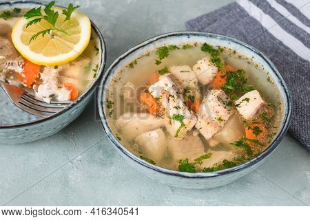 Fish In Aspic With Vegetables. Fish In Jelly. Fish With Gelatin.