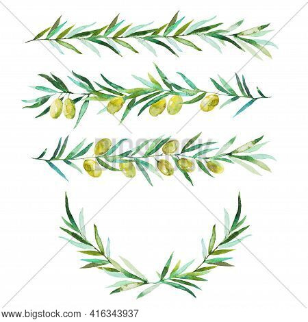 Seamless Pattern With Olive Branches And Olives. Watercolor Hand Drawing