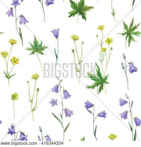 Watercolor Seamless Pattern With Realistic Bellflowers And Buttercups. Meadow Botanical Illustration