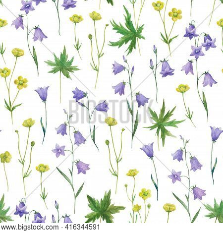 Watercolor Seamless Pattern With Realistic Bellflowers And Buttercups. Meadow Botanical Illustration