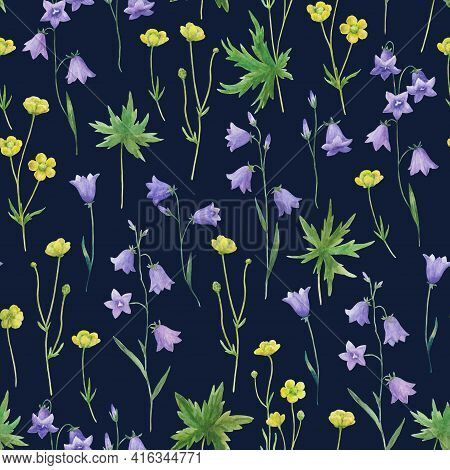 Watercolor Seamless Pattern With Realistic Bellflowers And Buttercups. Meadow Botanical Illustration