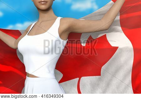 Beautiful Girl Is Holding Canada Flag In Her Hands Behind Her On The Cloudy Sky Background - Flag Co