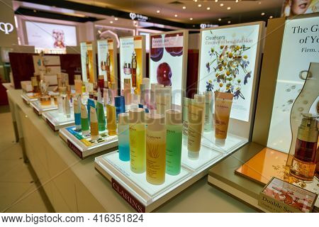 KUALA LUMPUR, MALAYSIA - CIRCA JANUARY, 2020: Clarins personal care products on display at Suria KLCC shopping mall in Kuala Lumpur.