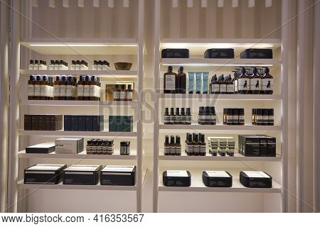 KUALA LUMPUR, MALAYSIA - CIRCA JANUARY, 2020: interior shot of Aesop store at Suria KLCC shopping mall in Kuala Lumpur.