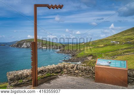 Dingle, Ireland, Aug 2019 Sign And Information Board About Blasket Island Viewpoint, Scenic Dunmore 