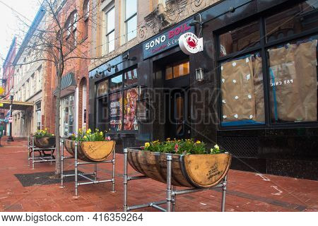 NORWALK, CT,USA  - APRIL 10, 2021:  New SONO  Boil Crawfish and Crab restaurant view from Washington street