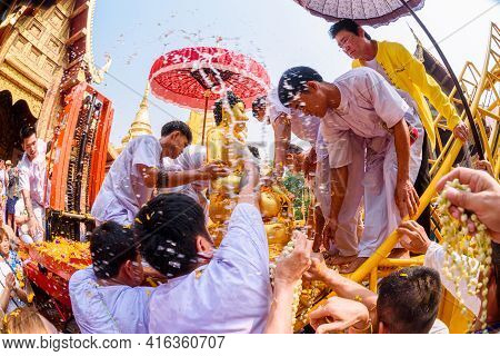 Chiang Mai, Thailand - April 13, 2019  : Chiangmai Songkran Festival. Buddha Phra Singh Of Phra Sing