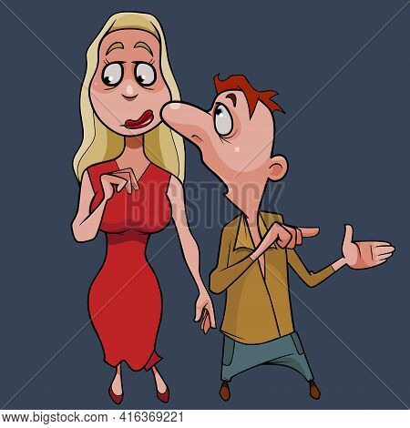 Cartoon Man Talking To Tall Cartoon Woman In Red Dress