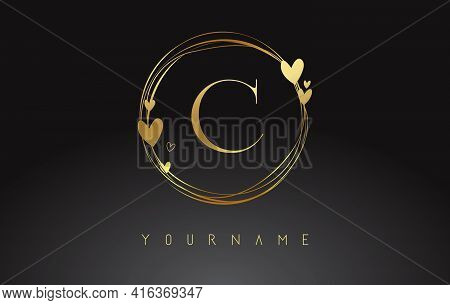 Letter C Logo With Golden Circle Frames And Golden Hearts. Luxury Vector Illustration With Letter C 