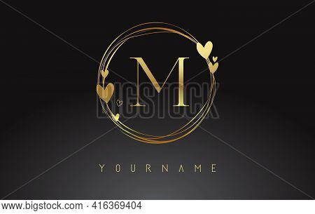 Letter M Logo With Golden Circle Frames And Golden Hearts. Luxury Vector Illustration With Letter M 