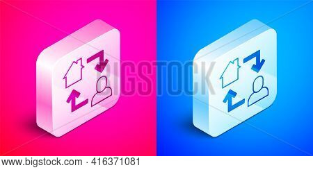 Isometric Online Working Icon Isolated On Pink And Blue Background. Freelancer Man Working On Laptop